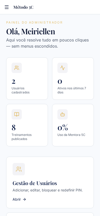 Painel real da plataforma Método 5C em um celular